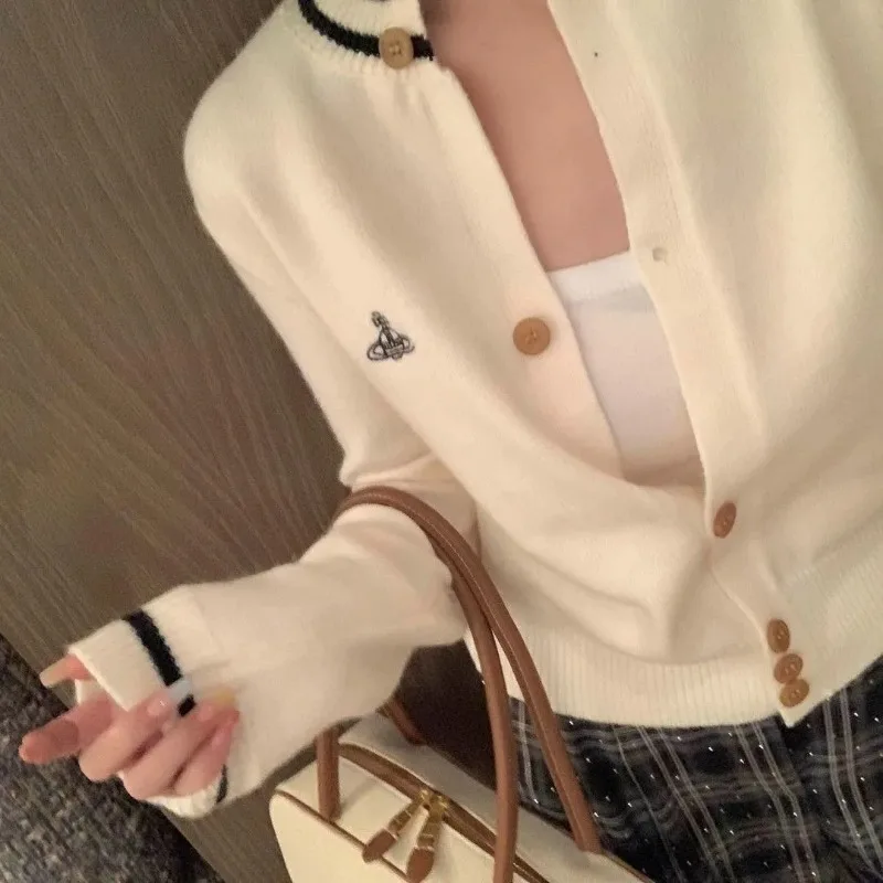 

Three-dimensional Embroidery Contrasting Color Knitted Cardigan Women's Mid-length Sweater Jacket Top