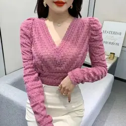2023 New Spring and Autumn Fashion Temperament Simple V-neck Western Style Slim Sexy High End Long Sleeve Lace Underlay Shirt