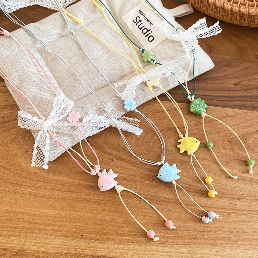 Trendy Cute Colorful Ceramic Fish Flower Lace Bowknot Pendant Adjustable Rope Chain Necklace For Women Seaside Vacation Jewelry
