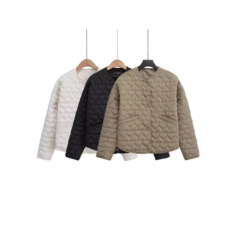 

Women Fashion Heart-shaped quilted cotton Jacket Women's casual new spring pocket coat