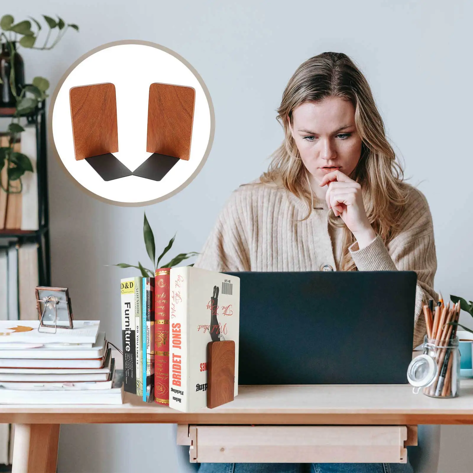 2Pcs 나무 알루미늄 북 스탠드 데스크탑 책 홀더 사무실 연구 북 엔드 다기능 주최자 장식 스탠드