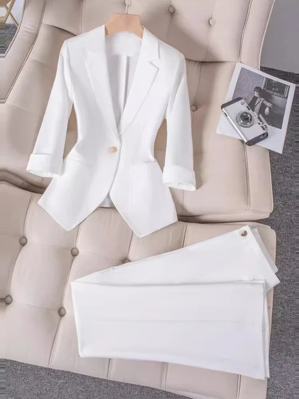 

White Profional Suit Set Women's Summer Thin High-End Feeling Small Size Commute Personali Matched Mid-Sve Western Coat