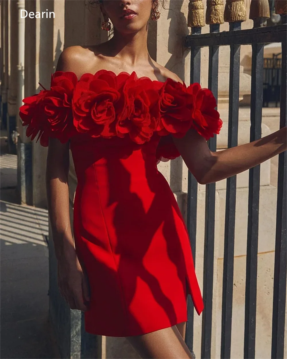 ที่กําหนดเองชุดอย่างเป็นทางการ Dearin Off-the-shoulder A-Line กระโปรงยาวมินิ Applique 3D Rose ดอกไม้ Bespoke โอกาสพรหม S