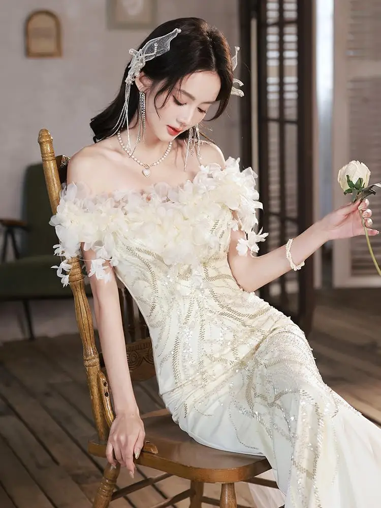 Super Immortal Evening Dress, Light Luxury and Unique Style, One Shoulder Fishtail Banquet Style, Cross border Style, White