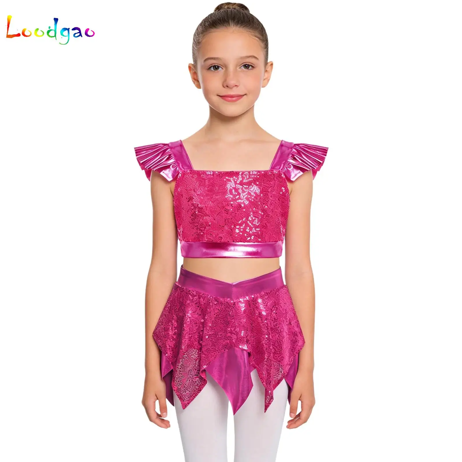 

Kids Girls Sequin Party Suit Pageant Crop Top with Skirt Set Disco Hip Hop Jazz Latin Performance Competition Outfit Dancewear
