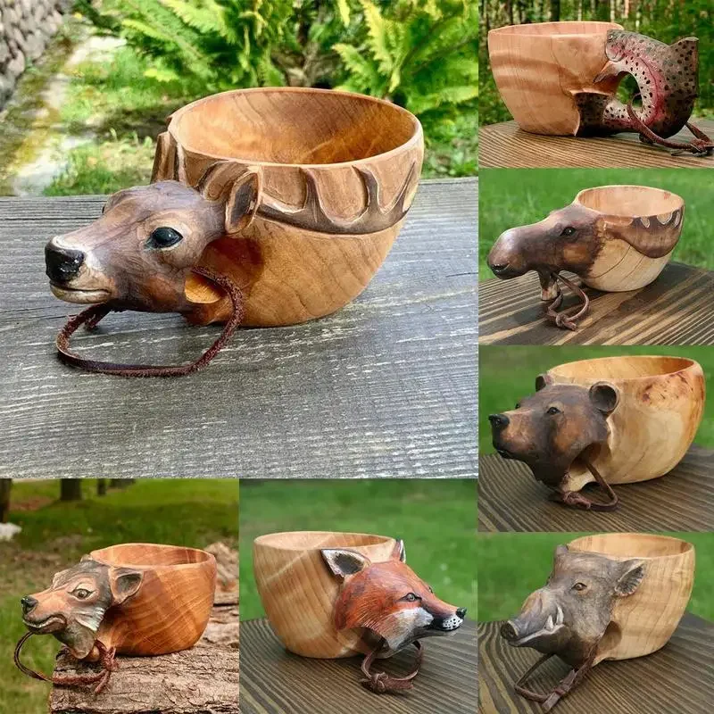 3D Stereo Animal Water Cup Hand Carved Rubber Wooden Cups Raccoon Wolf Fox Boar Deer Head Water Cup Outdoor Camping Wooden Cups