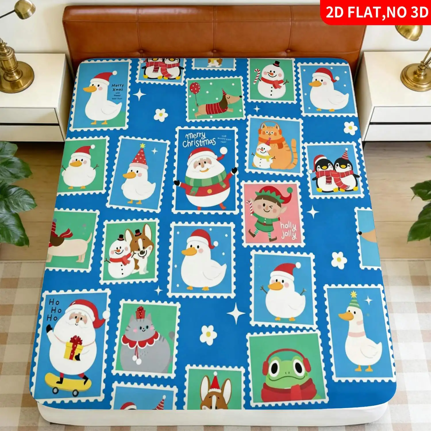 Christmas Animal Stamp Pattern Blue Bedding Set, Mattress Protector, Breathable Polyester Material (Includes 1 Fitted Sheet + 2 Pillowcases), Fitted Sheet Style, Protective Cover, Fitted Sheet Type, Mattress Protector, Fitted Sheet Bedding, Christmas Themed Bedding, Baby Bedding, Suitable for Nursery
