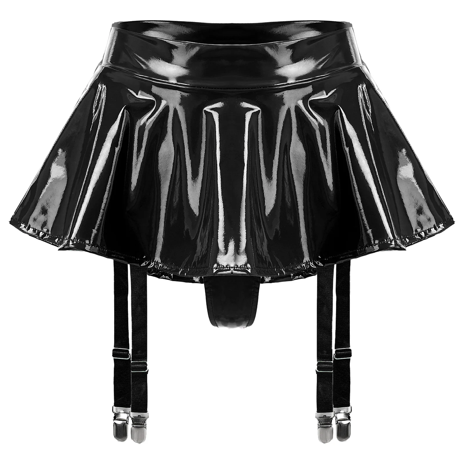 Womens Wet Look Patent Leather Latex Wire-free Open Cup Bra Top Ruffle Built-in Thongs Garter Belt Mini Skirts Sexy Lingerie Set