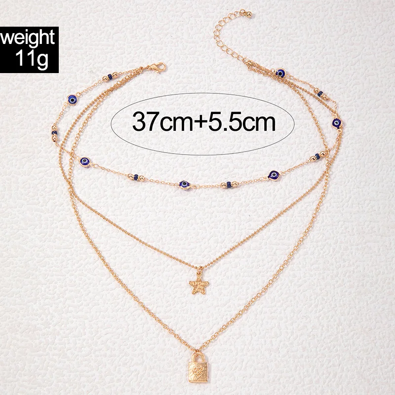 Tocona Bohemia Lock Star Layered Pendant Necklace for Women Blue Eye Geometric Alloy Metal Ajustable Jewelry Collar 24609