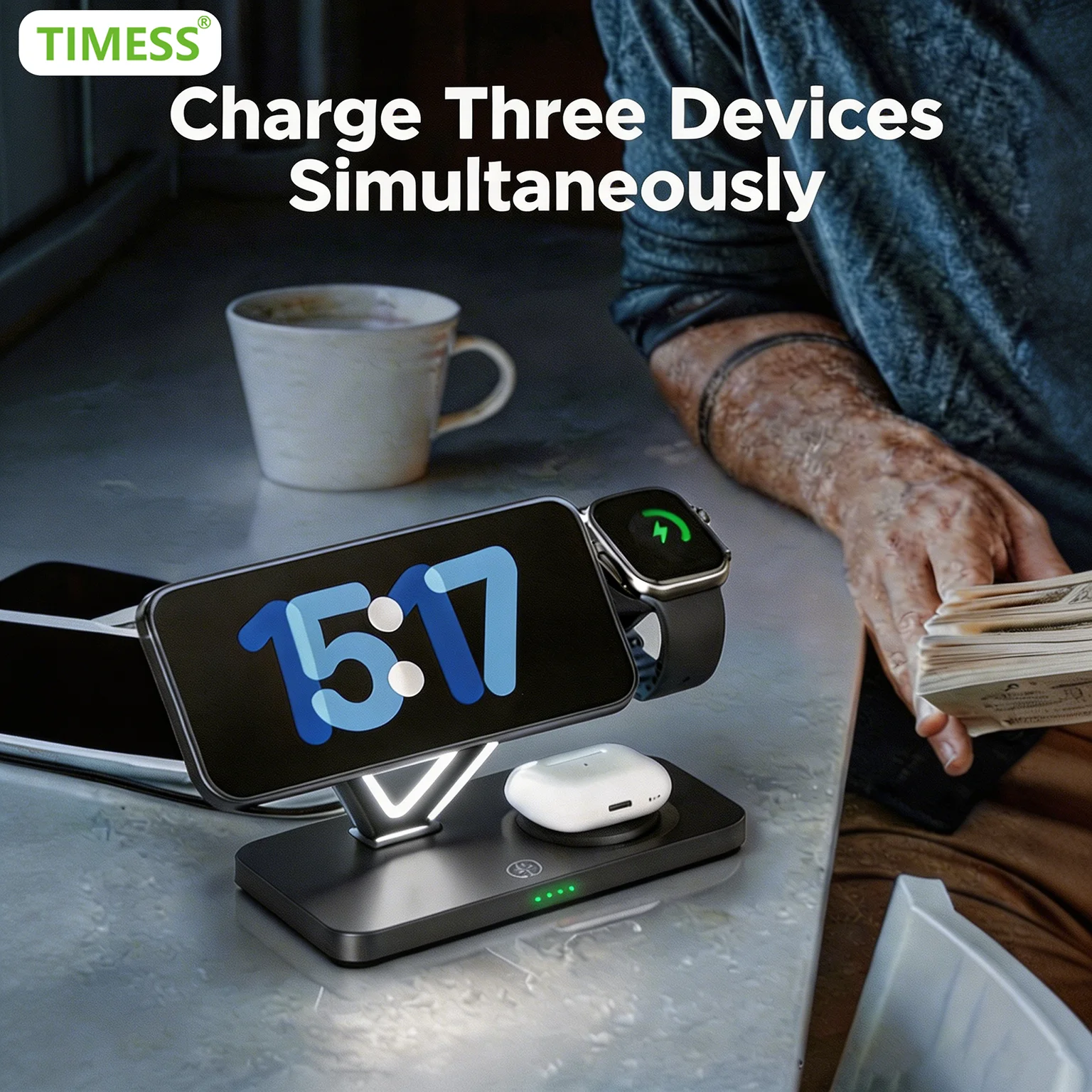 

TIMESS Fast Wireless Charger For iPhone17 16 15 14 Pro Max For Apple Watch iWatch For Airpods 3 2 Pro Charging Station Pad Stand