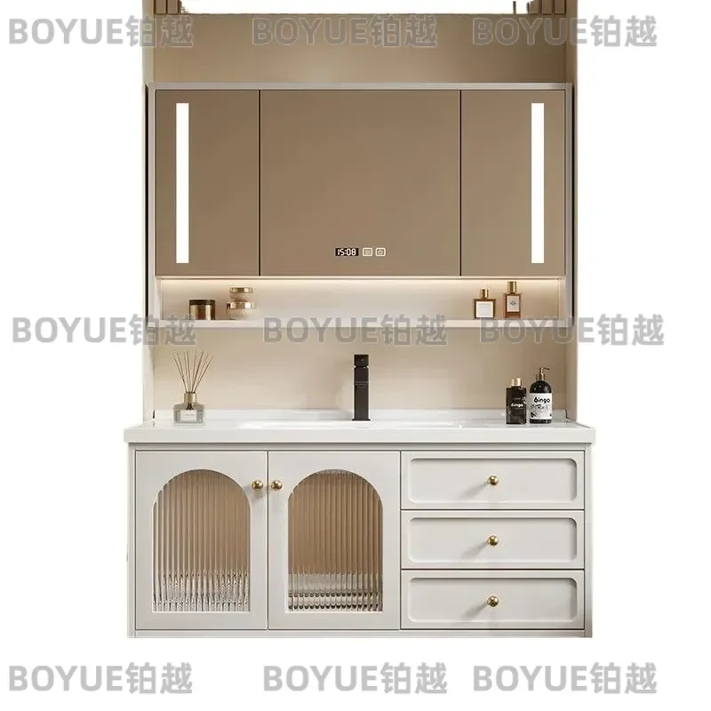 French Pastoral Cream Bathroom Vanity with Integrated Mirror Cabinet Single Sink Washbasin Unit Modern Wall Mounted Storage