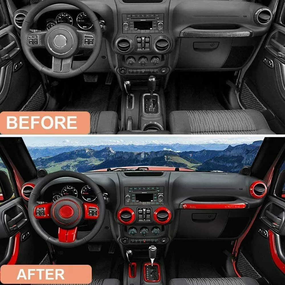 28PCS Steering Wheel Center Console Door Handle Vent Cup Holder Gear Cover Trim for Jeep Wrangler JK JKU 11-18 Interior Kit