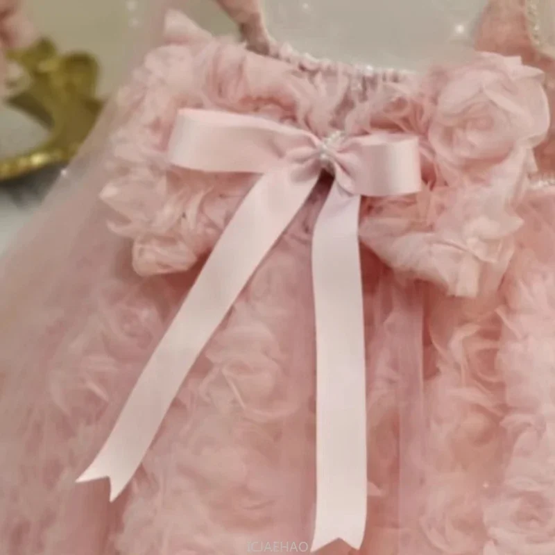 

Wed Dress 2025 Pink Kids Girls Host Dresses Birthday FlowerPrincess Children Party Outfits Girl Train Gown Costumes Luxury