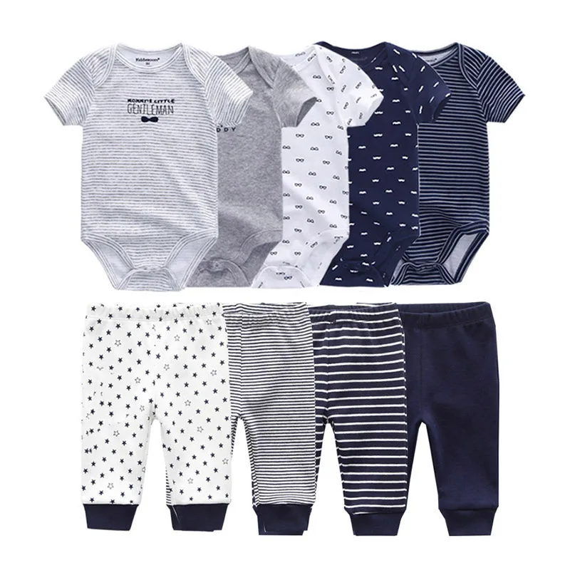 Unisex 6/9/10Pieces Cotton Bodysuits+Pants Newborn Baby Girl Clothes Print Baby Boy Clothes Sets Short Sleeve Bebes