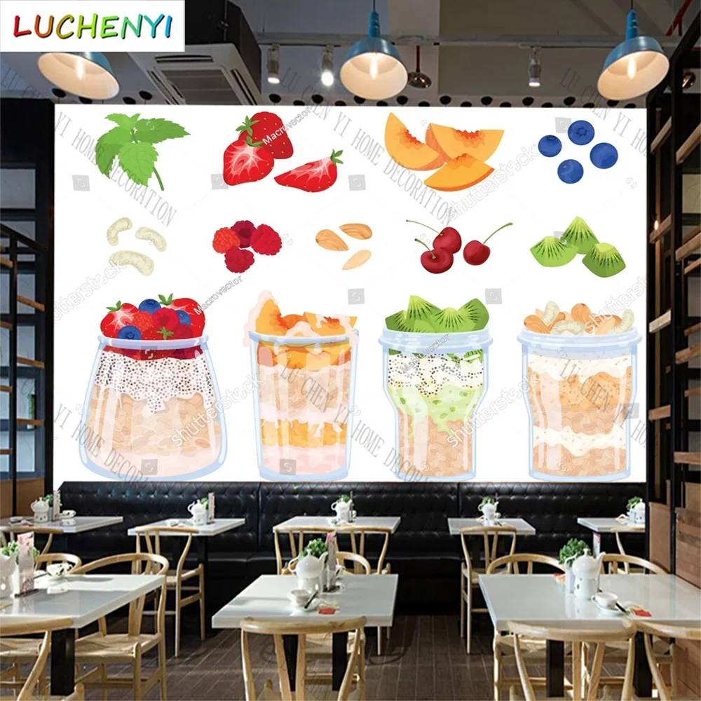 Custom fruit tea juice mural wallpaper restaurant healthy cold drinking shop dining room wall papers home decor sticker