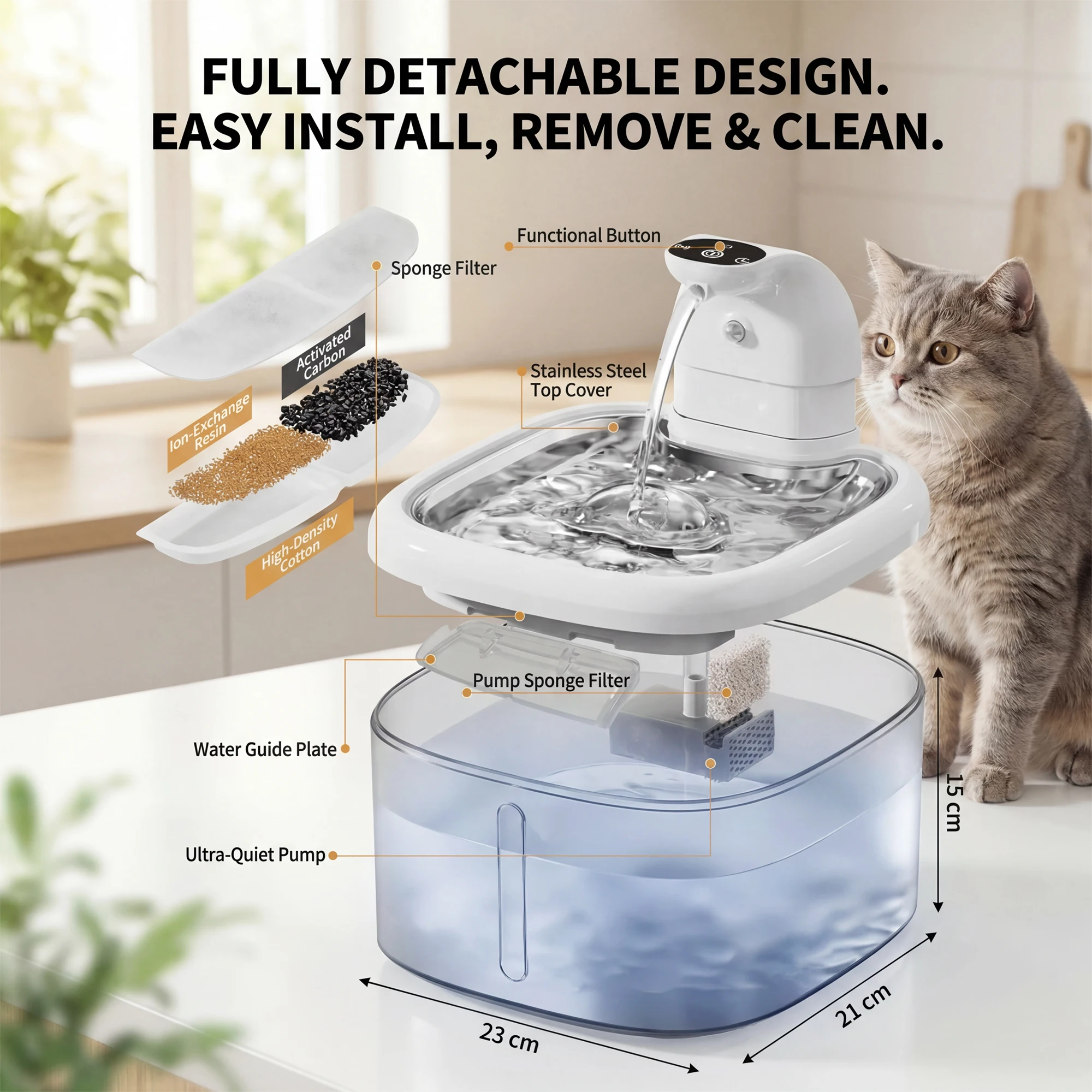 3.5L Wireless Cat Water Fountain Smart Sensor Faucet Mode Stainless Steel Ultra-Quiet 4000mAh Long Battery Pet Water Dispenser - view 5