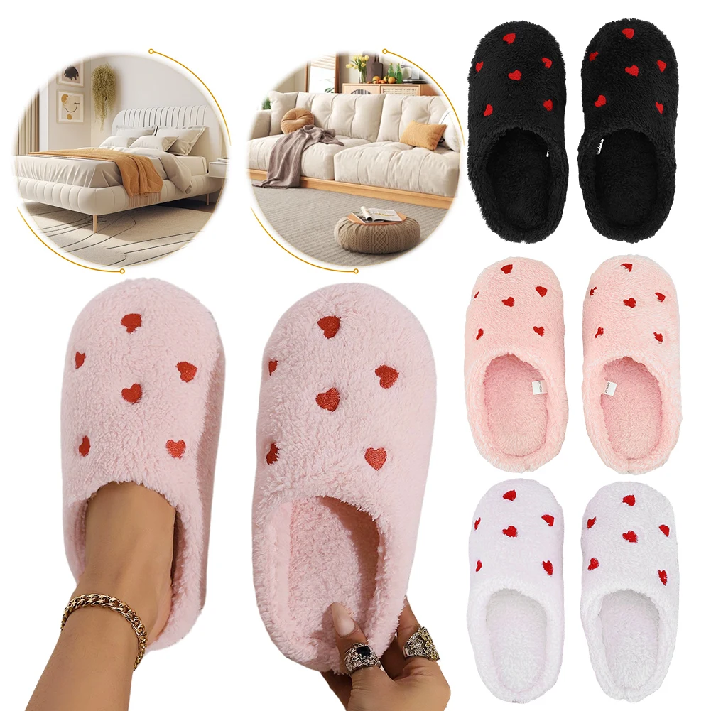 Warm Plush Heart Slip-Ons with Breathable Fabric for Men and Women Cozy Indoor House Shoes for Winter