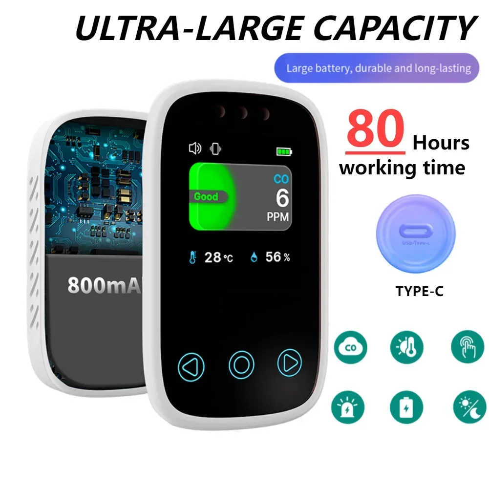 

3 in 1 Mini CO Detector NDIR Sensor Portable Carbon Monoxide Gas Analyzer Auto Brightness Type-C Rechargeable for Outdoor Garage