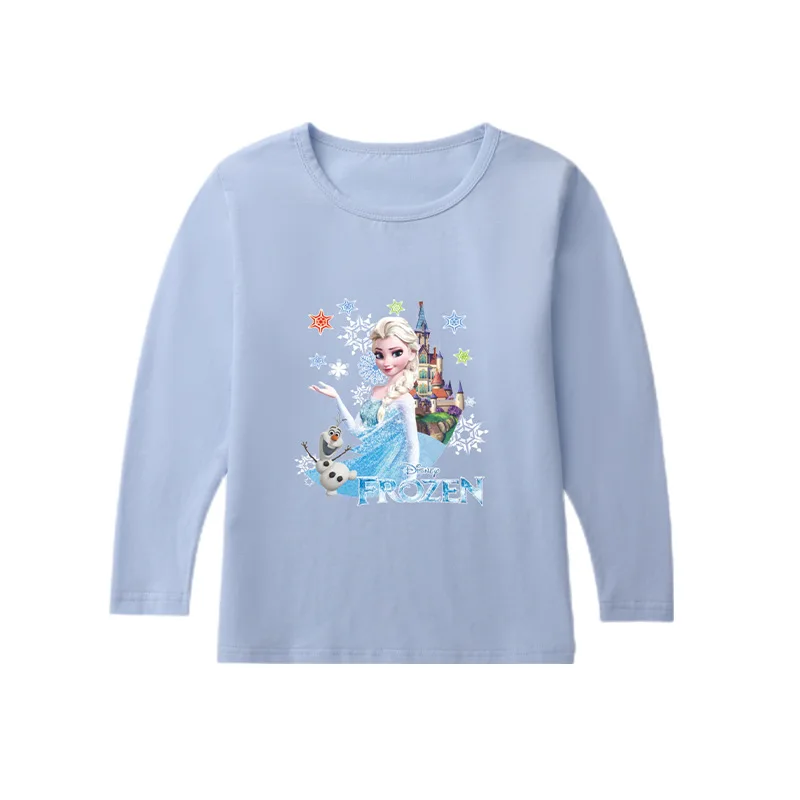 Spring and Autumn Cartoon Children's Clothing Ice and Snow Princess Elsa Girls' Round Neck T-Shirt Thin Girl Long Sleeve T-Shirt