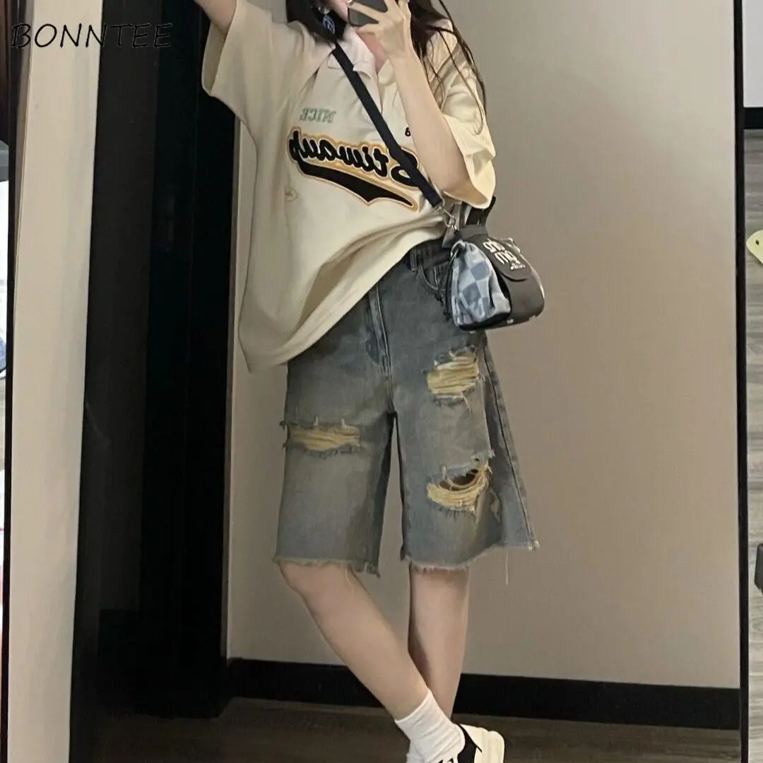 

Vintage Blue Denim Shorts Women Holes Distressed Straight High Waist American Style Streetwear Cool Girls Chic Baggy High Street