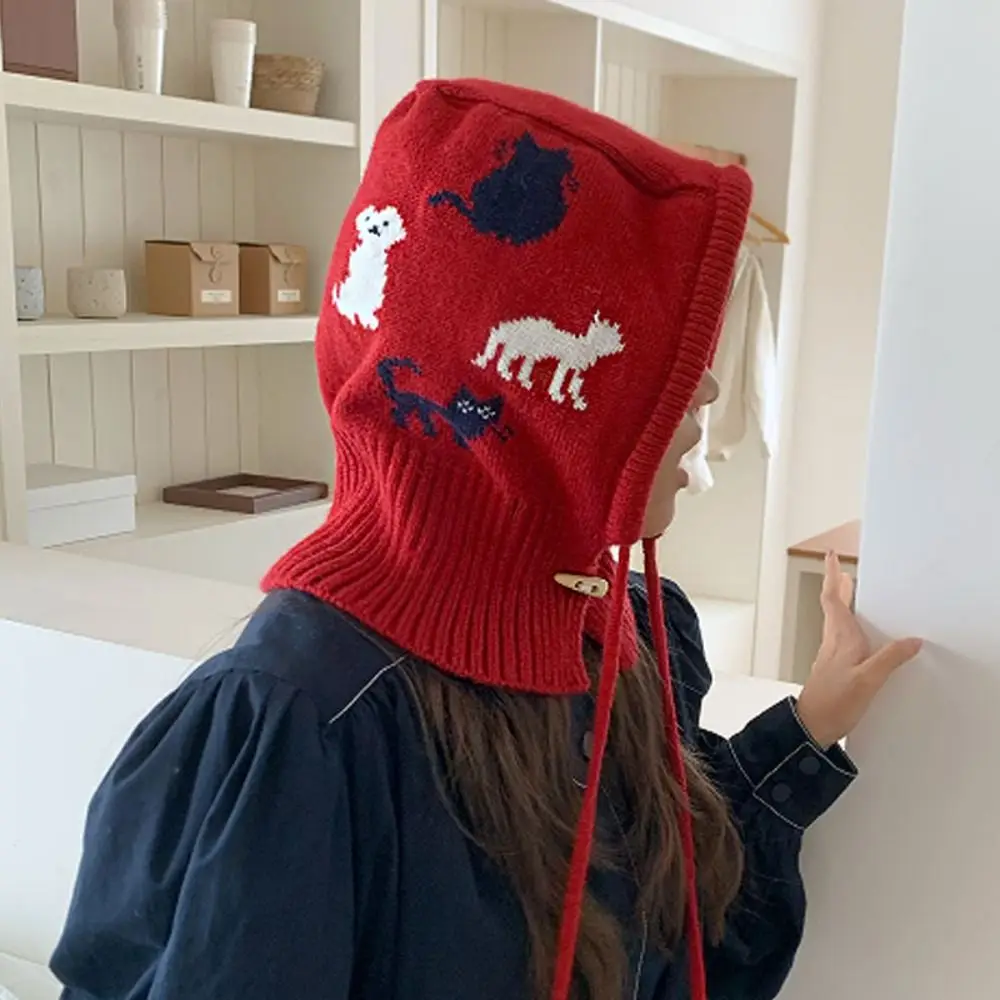 Warm Pullover Hat Jacquard Balaclava Hat Red Horn Button Ear Protection Hat Kitten Beanie Winter Cap Warm
