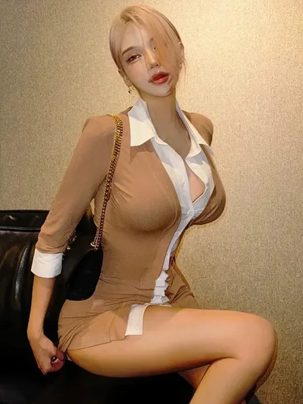 Jesienno-zimowa wersja koreańska nowa koszulka polo z klapami jednorzędowa fałszywa dwuczęściowa kolorowa kopertowa sukienka z krótkim rękawem D679