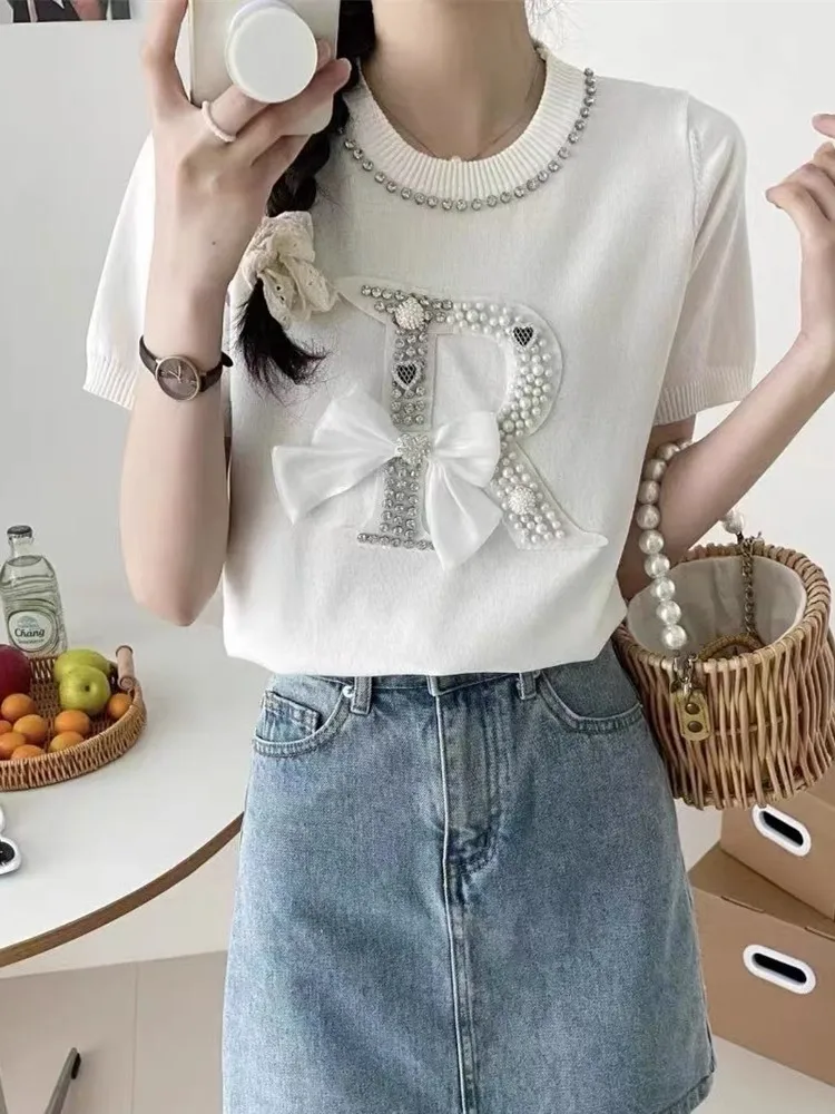 Pearl Beaded Bow Knit Sweater Women T-shirt Pullovers Stylish Elegant Fashion Chic Tees Tops 2024 Summer Short Sleeve Knitwear