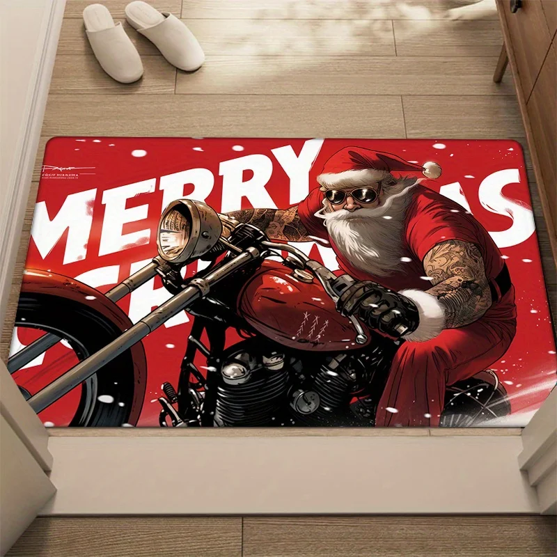 Funny Cat on Motorcycle Door Mat, Red Christmas Santa Bike Pattern, Cute Pet Welcome Rug, Non-slip Entrance Floor Mat, Holiday