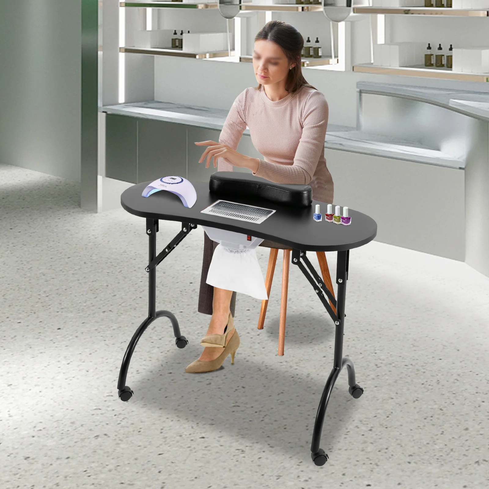 Foldable Nail Table w/Wheels Multifunctional Portable Manicure Table with MDF Table Top for Households