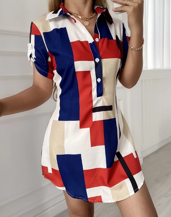 100pcs in stock women's V-neck short sleeved printed Mondrian casual skirt (shipped within 48 hours)