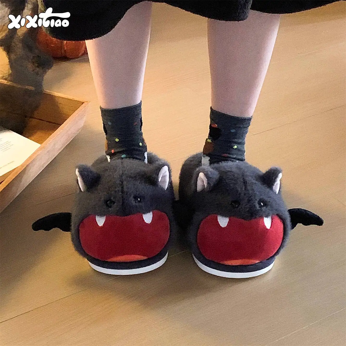 

2025 Winter New Unisex Halloween Bat Furry Home Slippers Cute Warm Non Slip Fashion Versatile Cotton Indoor Household Slippers