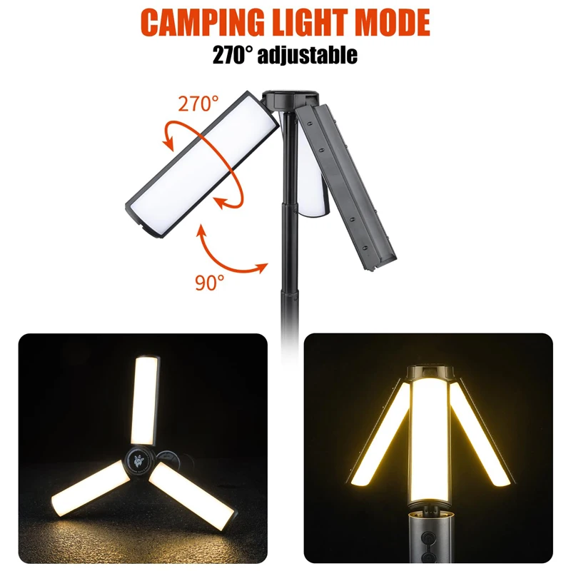 Akumulatorowa lampa kempingowa 3000mAh ze statywem, bezprzewodowa lampa robocza z 3 głowicami LED, latarka awaryjna z odłączanym statywem