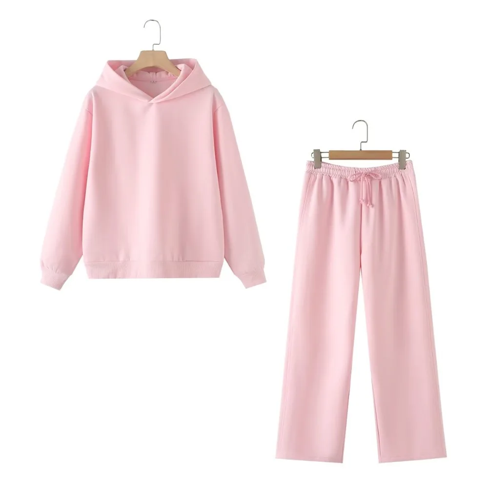 TRAF ZR Combi-pants Plush 2 Piece Sets Womens Outfits Oversize Hooded Sweatshirt with Rib Trim Elastic Waistband Wide Leg Pants