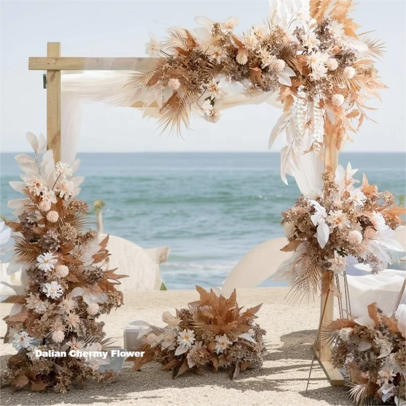 

Custom brown flower row artificial flower arrangement autumn color wedding background arch decoration