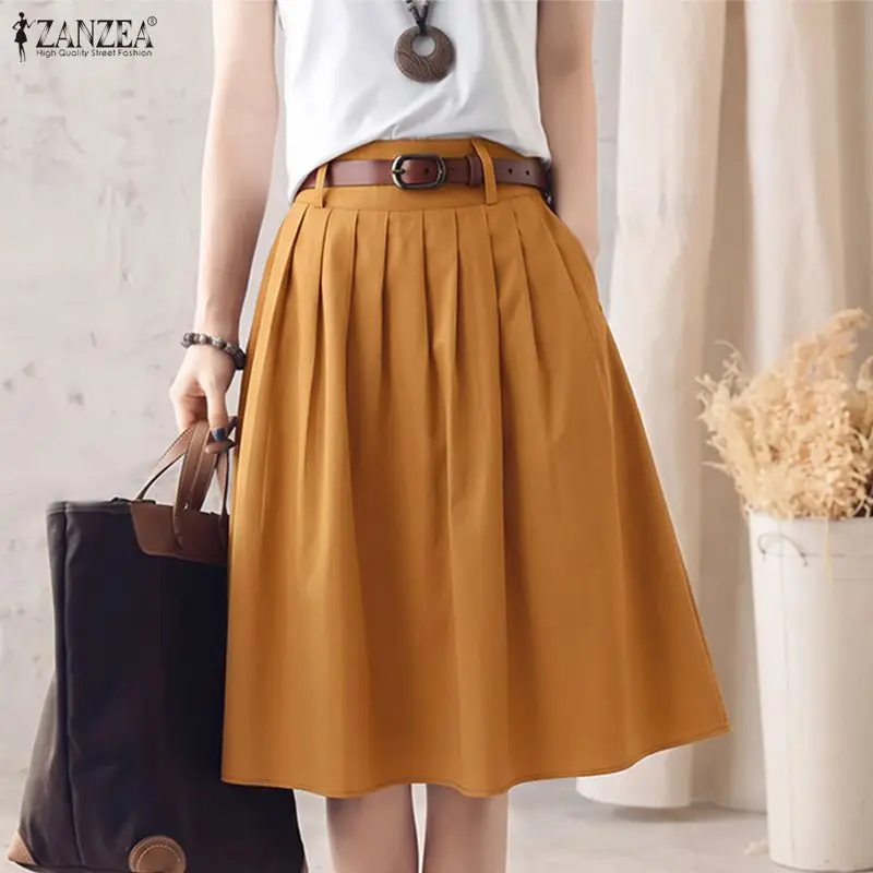 ZANZEA Women Casual Knee Length Skirt Summer High Waist A-Line Pleated Skirt Office Workwear Solid Faldas Saia Jupe Without Belt