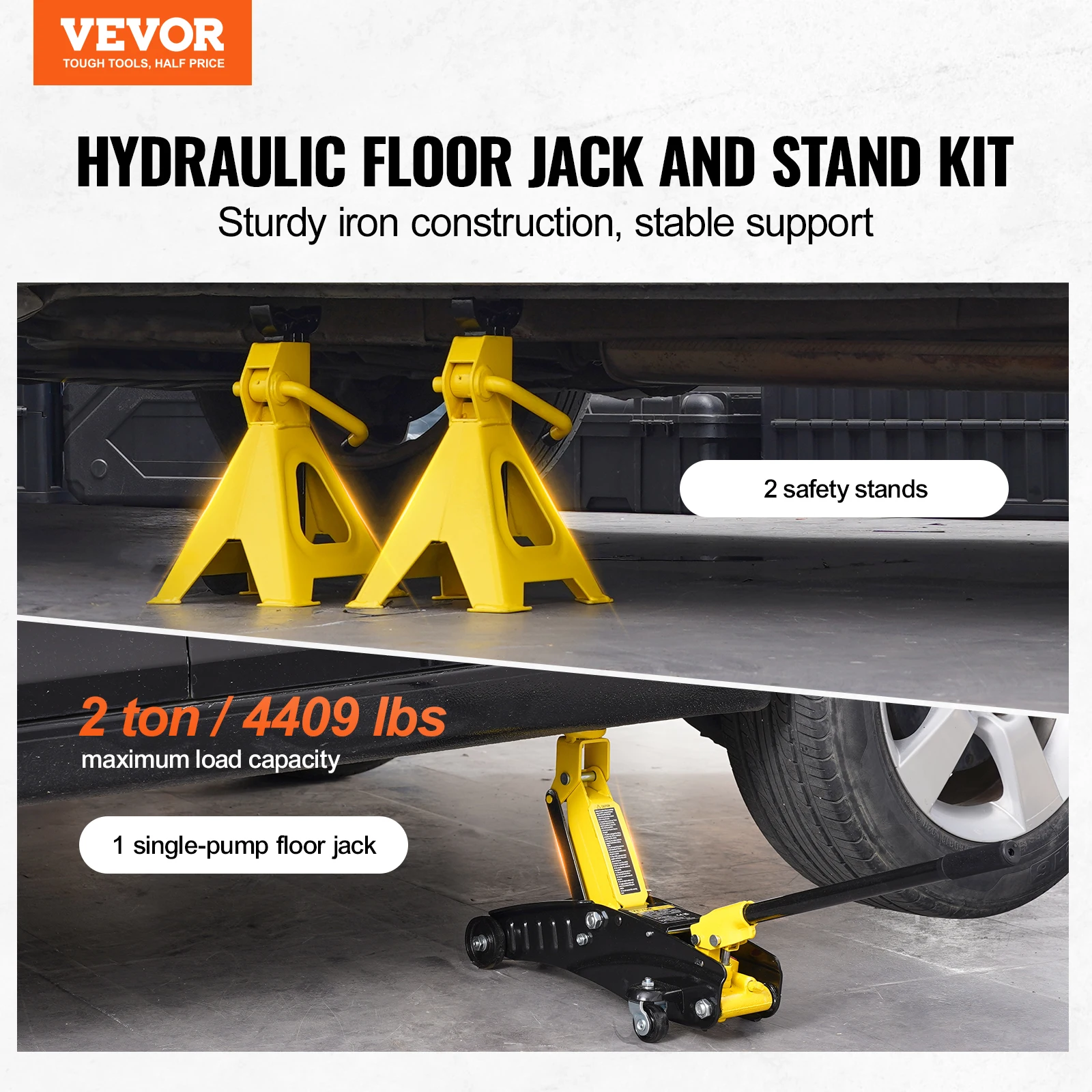 VEVOR Low Profile Floor Jack 2 Ton Heavy Duty Iron Hydraulic Racing Floor Jack Car Jack with Jack Stands Single Piston Lift Pump