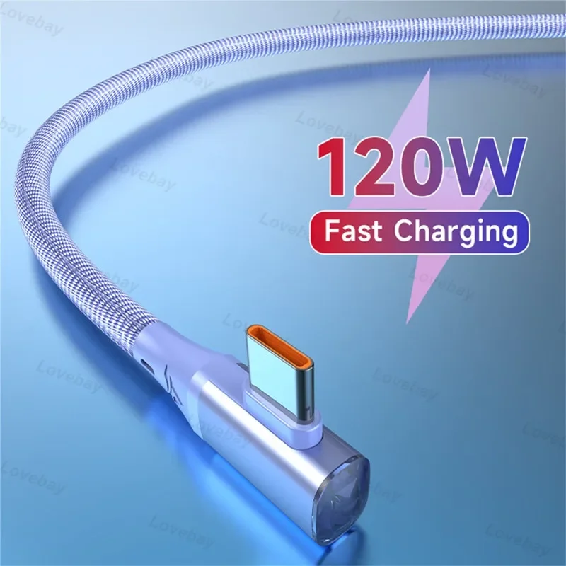 

USB C Cable 90 Degree For OPPO 120W Fast Charging Cord For Honor Huawei ViVo Oneplus Realme Charger Data Wire