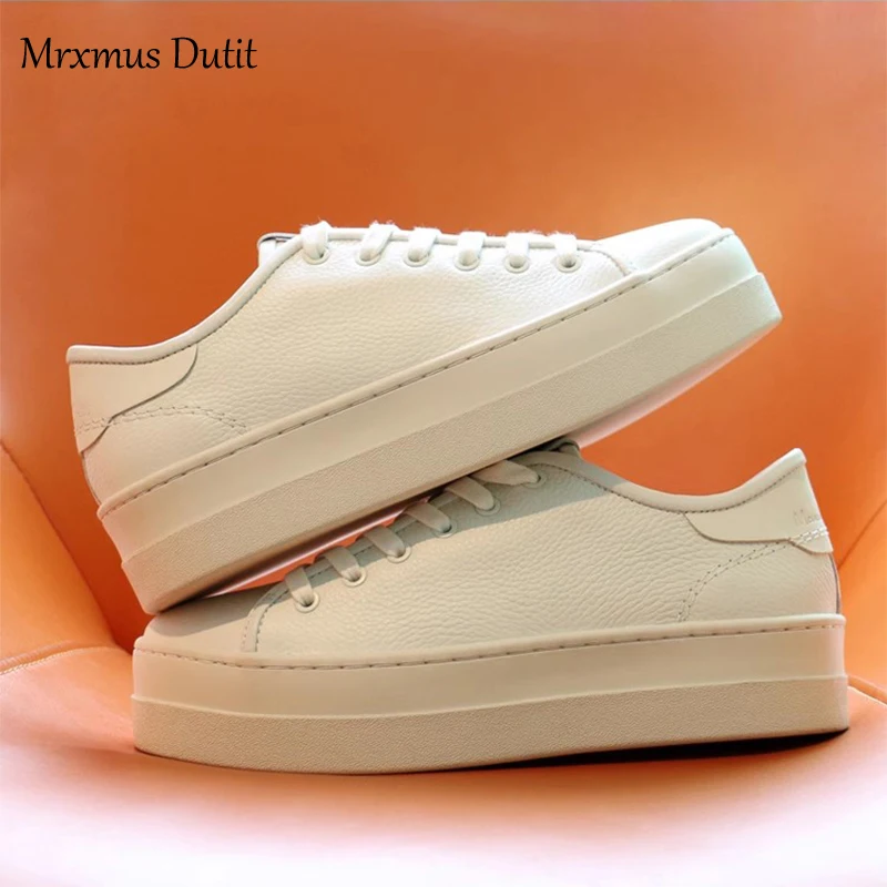 Mrxmus 2023 Autumn New Women Genuine Leather White Flats Shoes Solid Basic Sneaker Versatile Casual Simple Skate Shoes Female