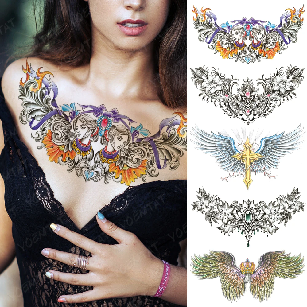 

Colorful Girls Feather Love Large Chest Tattoo For Women Waterproof Temporary Tatoo Sticker Waist Art Designs Men Fake Tattoos