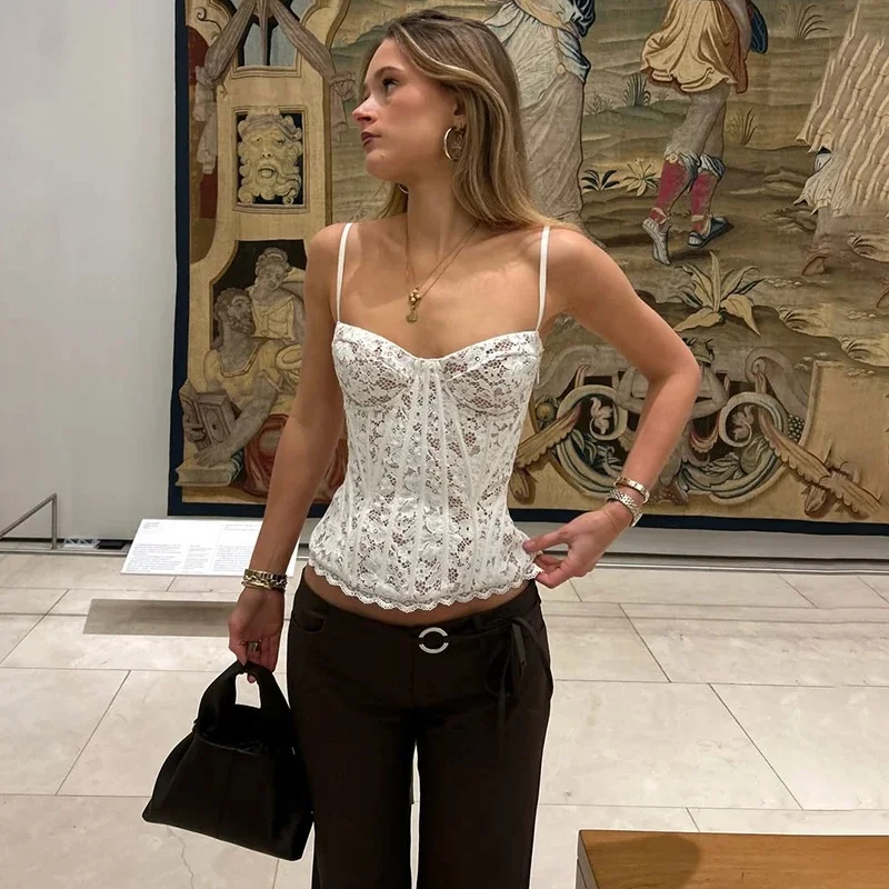 Women's Lace Corset  Spaghetti Strap Camisole Bustier Boned Tank Top Y2K Going Out Lace Up Cropped Top