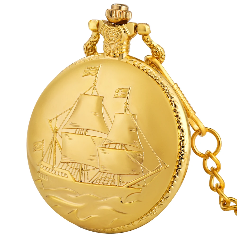 Luxury Gold Model Military Series U.S Navy USS Constitution Sail Frigate Quartz Pocket Watch FOB Necklace Chain Watch for Men