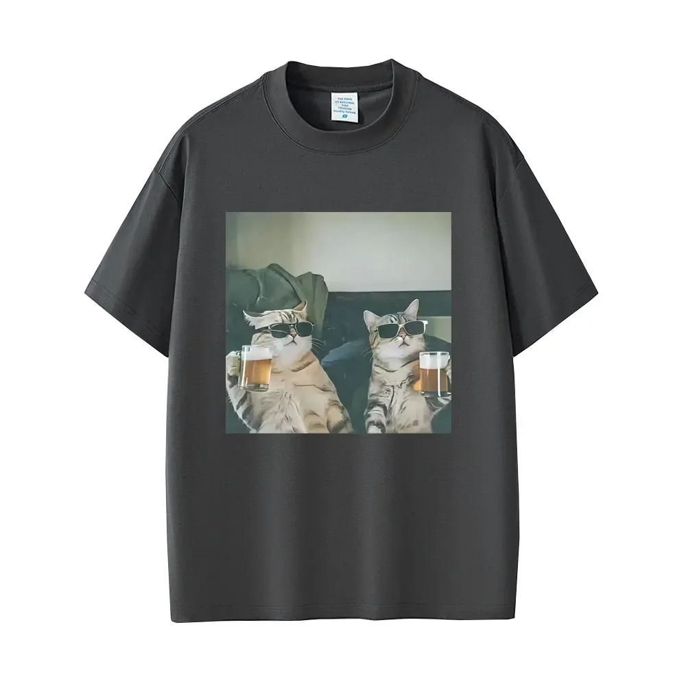 كول القط شرب البيرة مضحك الرموز التعبيرية تي شيرت الرجال عادية القطن ريترو قصيرة الأكمام تي شيرت الرجال موضة الجولة الرقبة قمم تي شيرت