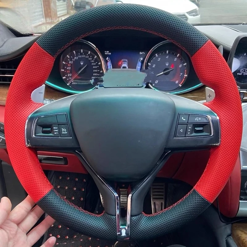 

Hand-stitched non-slip black red genuine Leather car steering wheel cover for Maserati President Ghibli Levante Auto Parts