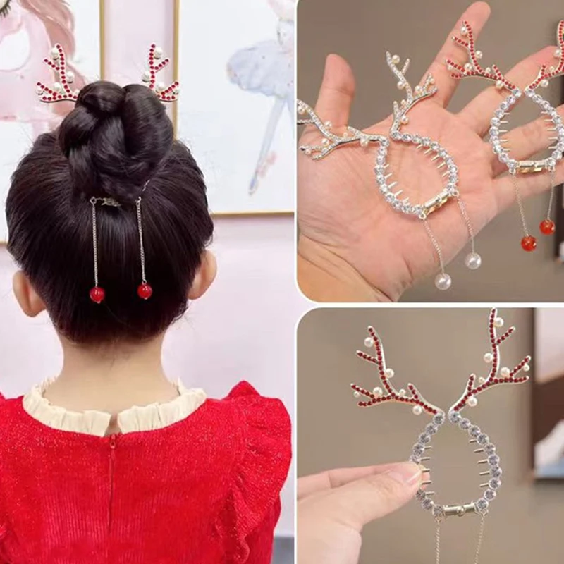 Santa Claus Deer Antlers Hair Claw Clip Tassel Pill Head Ponytail Buckle Pearl Hairpin Girl Barrette Hairclip Hair Accessories