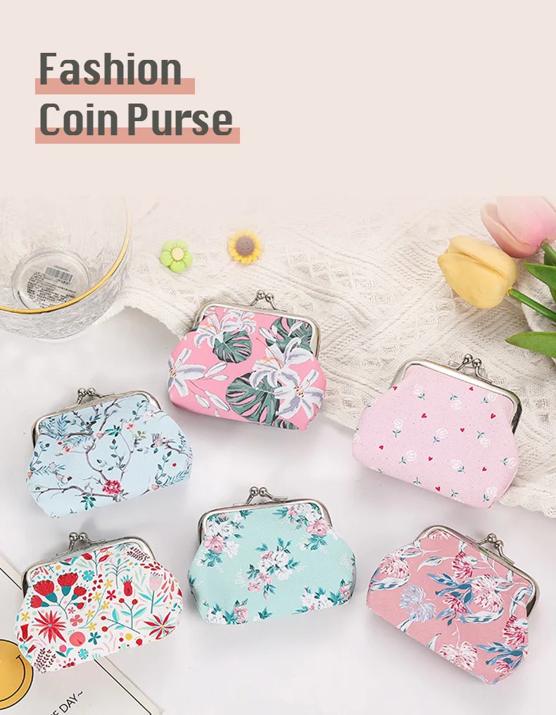 12 PCS Moda PU Monedero de Cuero Impresiones de Flores Encantador Lindas Mujeres Pequeñas Bolsas de Cambio de Dinero Titular de la Clave de la Caja