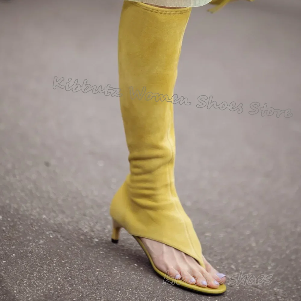 

Clip-Toe Sandals Boots Knee High Leather Mid Thin Heel Elastic Solid Color Side Zipper Runway Show Fashion Sexy Women Shoes New