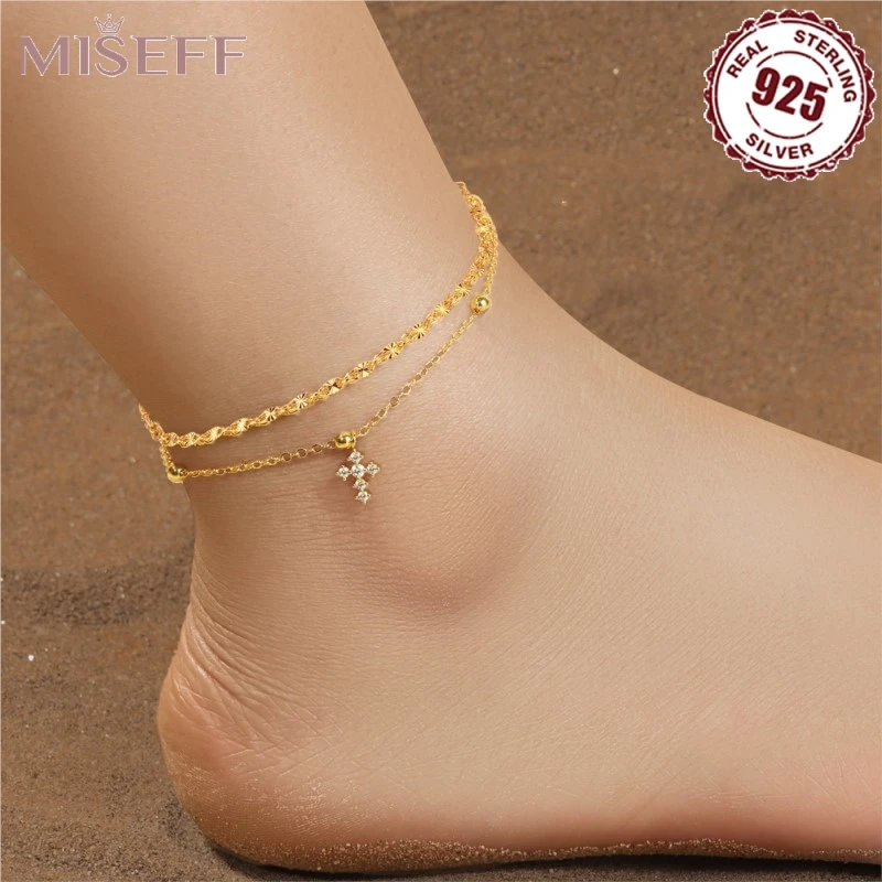 

MISEFF стерлингового серебра 925, блестящий браслет на ногу, ослепительная цепочка, двухслойная распятие, геометрический элегантный женский модный браслет, Прямая поставка