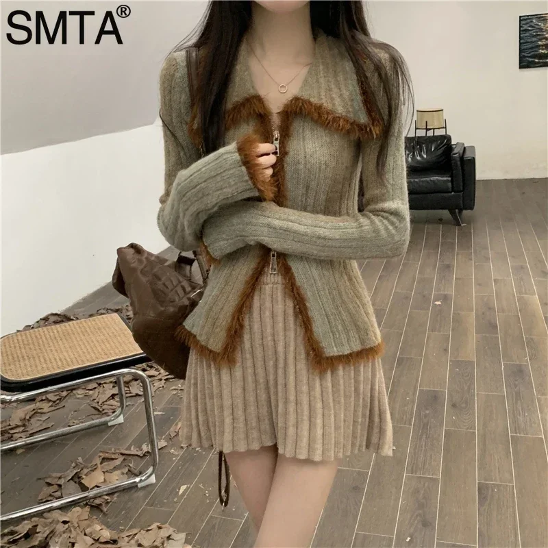 SMTA Vintage Gradient Polo Zipper Cardigan Women Autumn Winter 2024 Long Sleeve Cashmere Sweater Knitted Top Outwear Jumpers