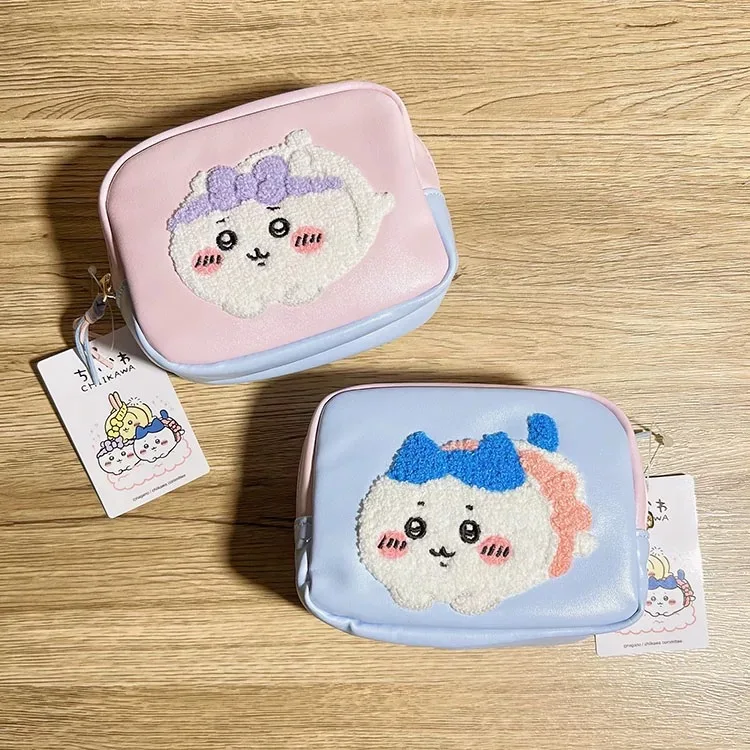 Chiikawa Cartoon Cute Hachiware Cosmetic Bag Embroidered Cartoon Cute Plush Double-sided Pattern PU Storage Bag Girls Gift