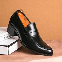 Men Penny Loafers With Heel 6CM Leather Shoes Business Elegant Wedding Party Casual Dress Shoes Brown Black Lift Shoes for Men